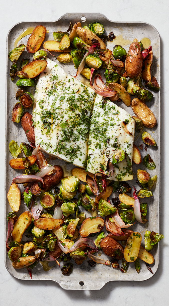 baked halibut with potatoes and brussels sprouts