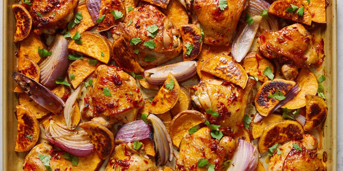 Sheet-Pan Harissa Chicken & Sweet Potatoes Is The Whole Dinner Package