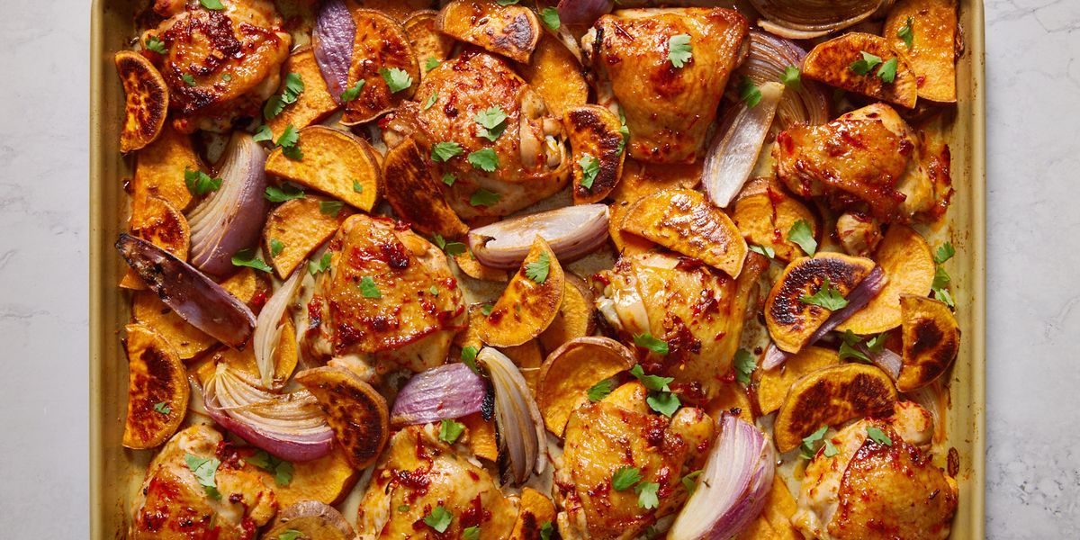 sheet pan harissa chicken and sweet potatoes