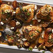 sheetpan roasted lemony chicken and potatoes with olivealmond sauce