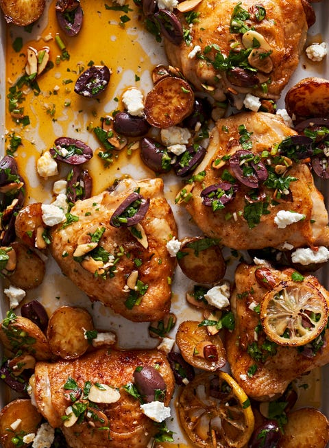 sheetpan roasted lemony chicken and potatoes with olivealmond sauce
