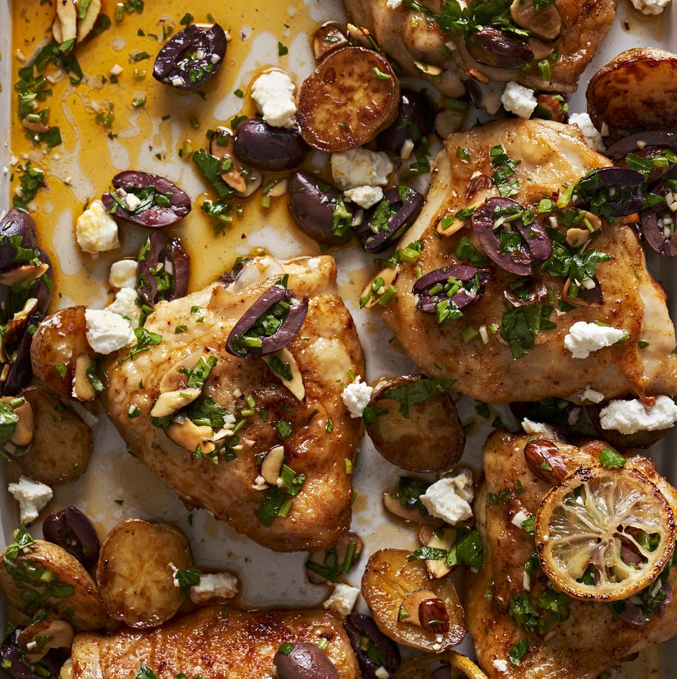 sheetpan roasted lemony chicken and potatoes with olivealmond sauce