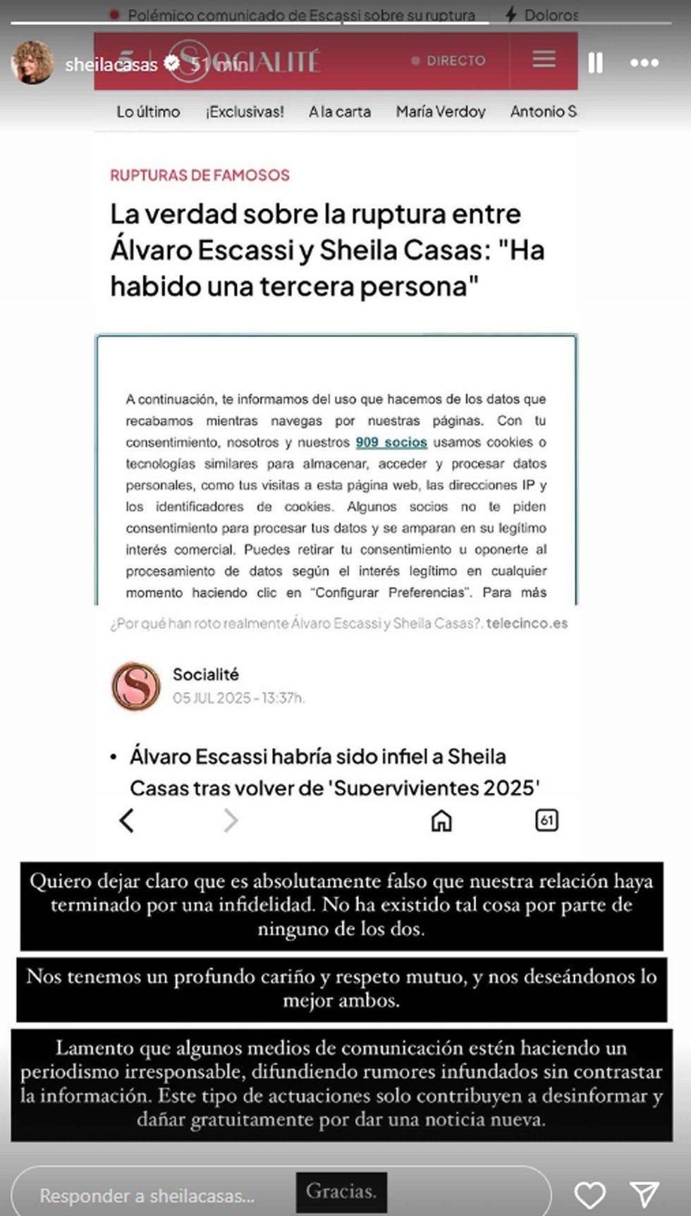 social media post discussing the breakup between Álvaro escassi and sheila casas