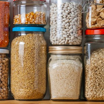 shelf in kitchen pantry with legumes