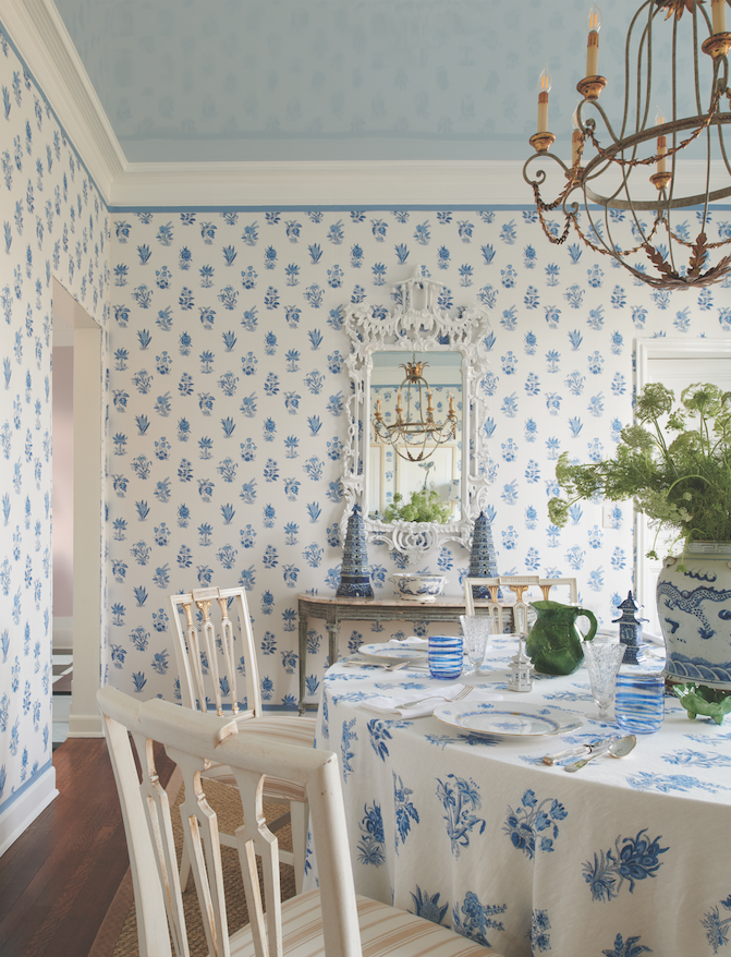 Dining room, Room, Blue, Property, Wall, Interior design, Wallpaper, Furniture, Ceiling, Yellow, 