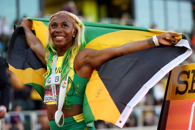 eugene, oregon   july 17 shelly ann fraser pryce of team jamaica celebrates after winning gold the womens 100m final on day three of the world athletics championships oregon22 at hayward field on july 17, 2022 in eugene, oregon photo by christian petersengetty images