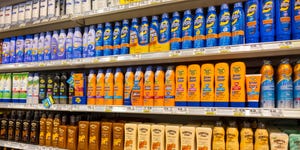 Shelves of sunscreen for sale at Publix in Naples, Florida.