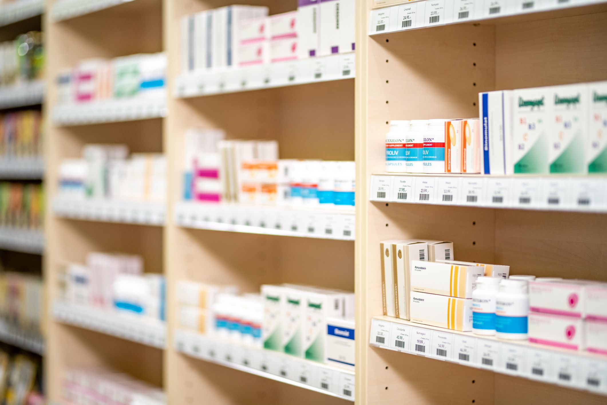 shelves stacked with medicines
