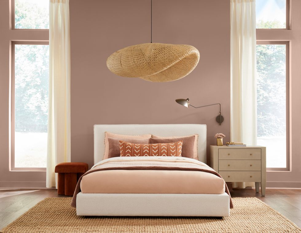 bedroom ith blush beige paint on walls