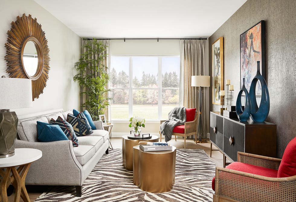 living room with animal print rug