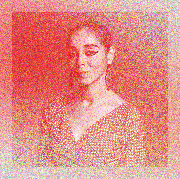 a portrait of iranian artist shirin neshat wearing heavy eyeliner with a red gradient over it