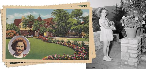 a vintage souvenir postcard of shirley temple with a view of her cottage