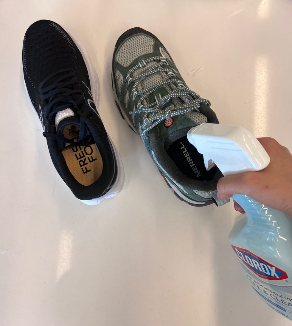 testing shoe deodorizer on shoes on a white countertop