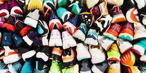 pile of running storage shoes