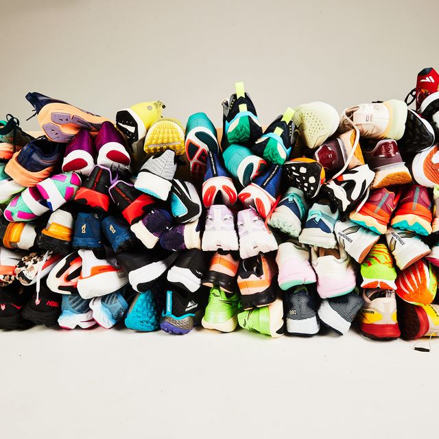 pile of running shoes