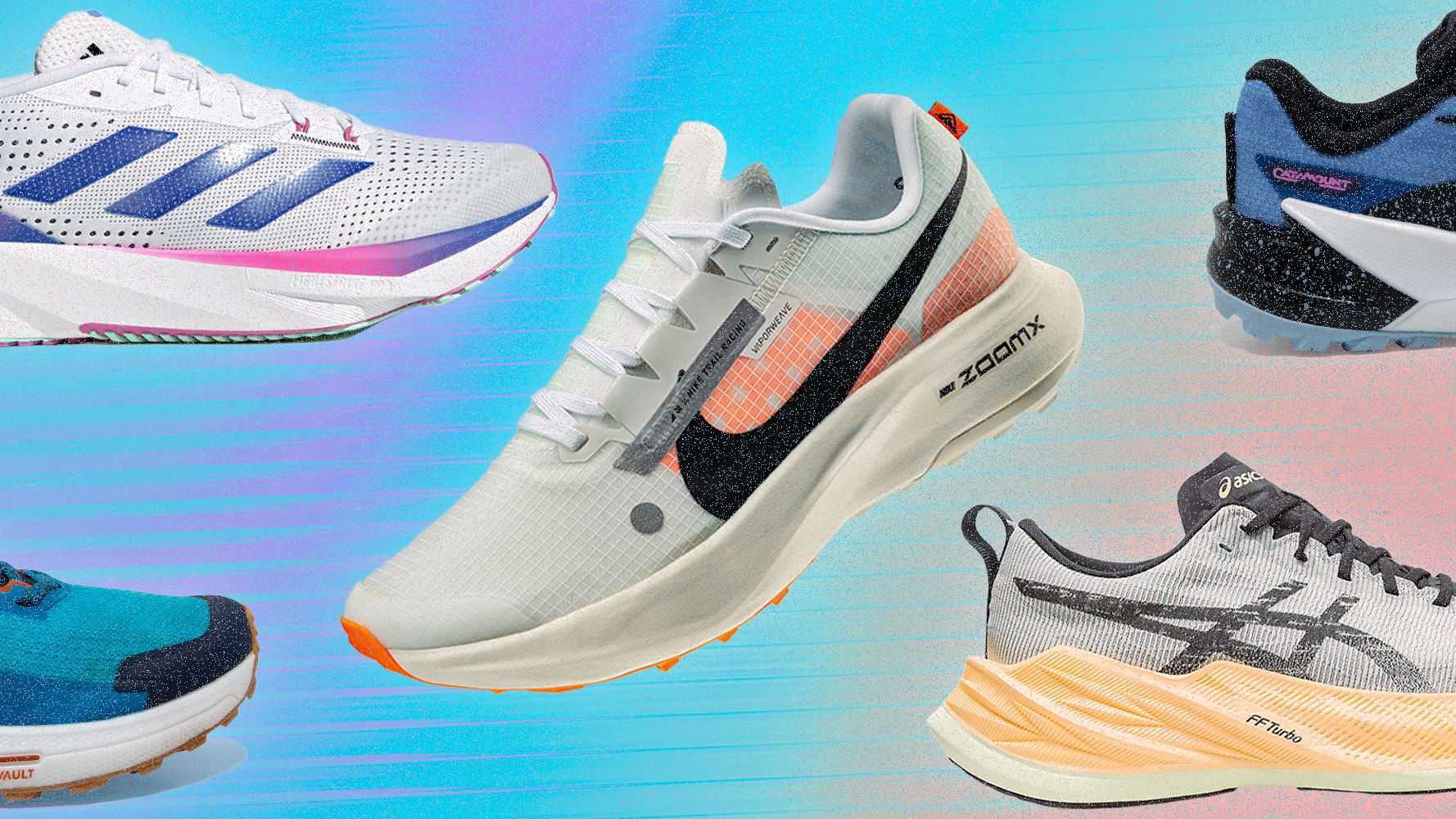 collage of shoes with color background