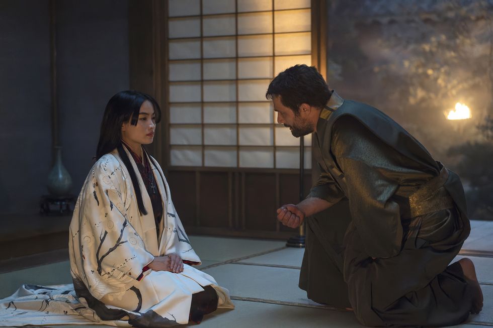 shogun episode 9 airs april 16 pictured l r anna sawai as toda mariko, cosmo jarvis as john blackthorne cr katie yufx
