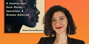 chanda prescod weinstein poses next to the cover of her book, the disordered cosmos