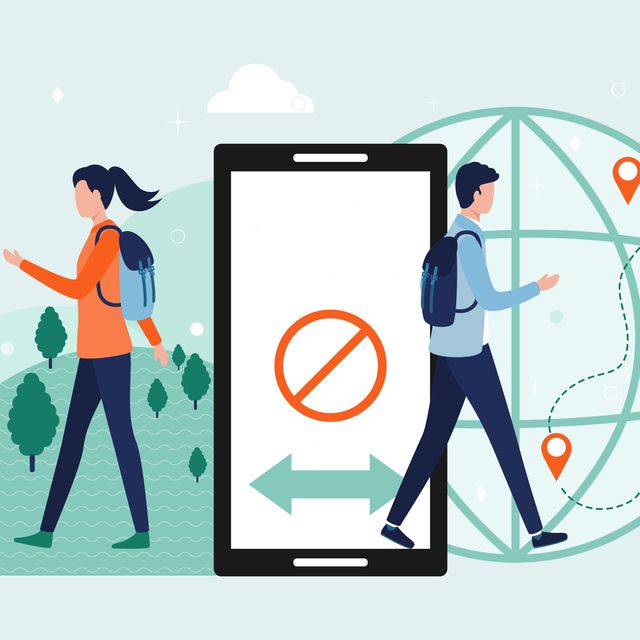 Digital detox concept. A man and a woman exit the smartphone. The idea of abandoning gadgets, devices, the Internet, socializing on social networks, a healthy lifestyle, leisure, travel. Flat vector