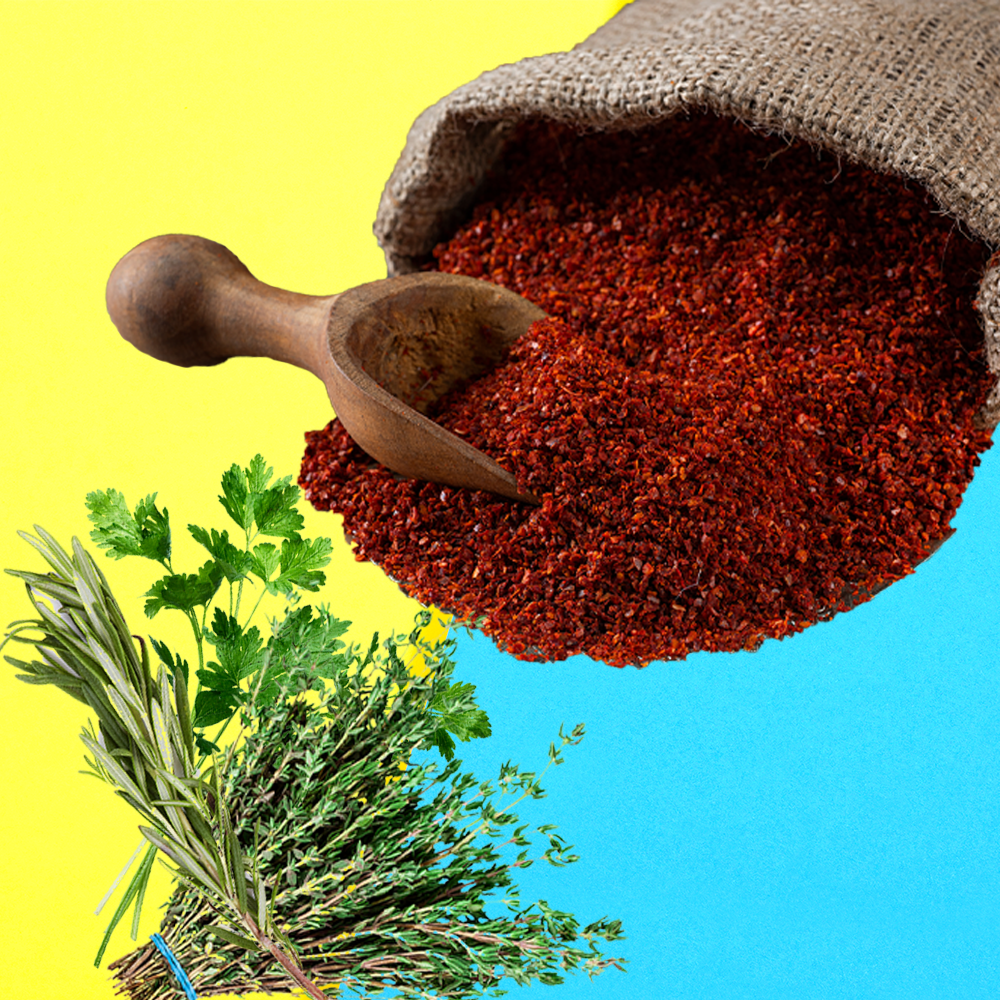 red herbs over a blue background