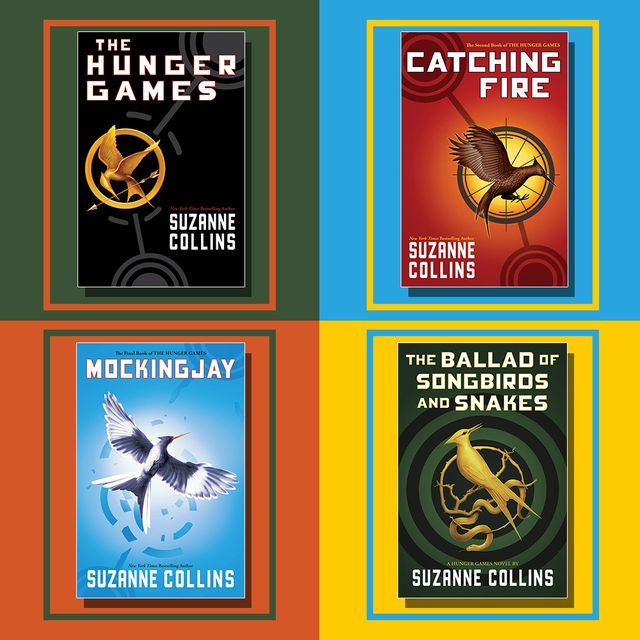 book covers of the hunger games, catching fire, mocking jay, and the ballad o songbirds and snakes
