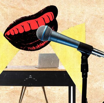 illustration of mouth at a desk talking into a mic