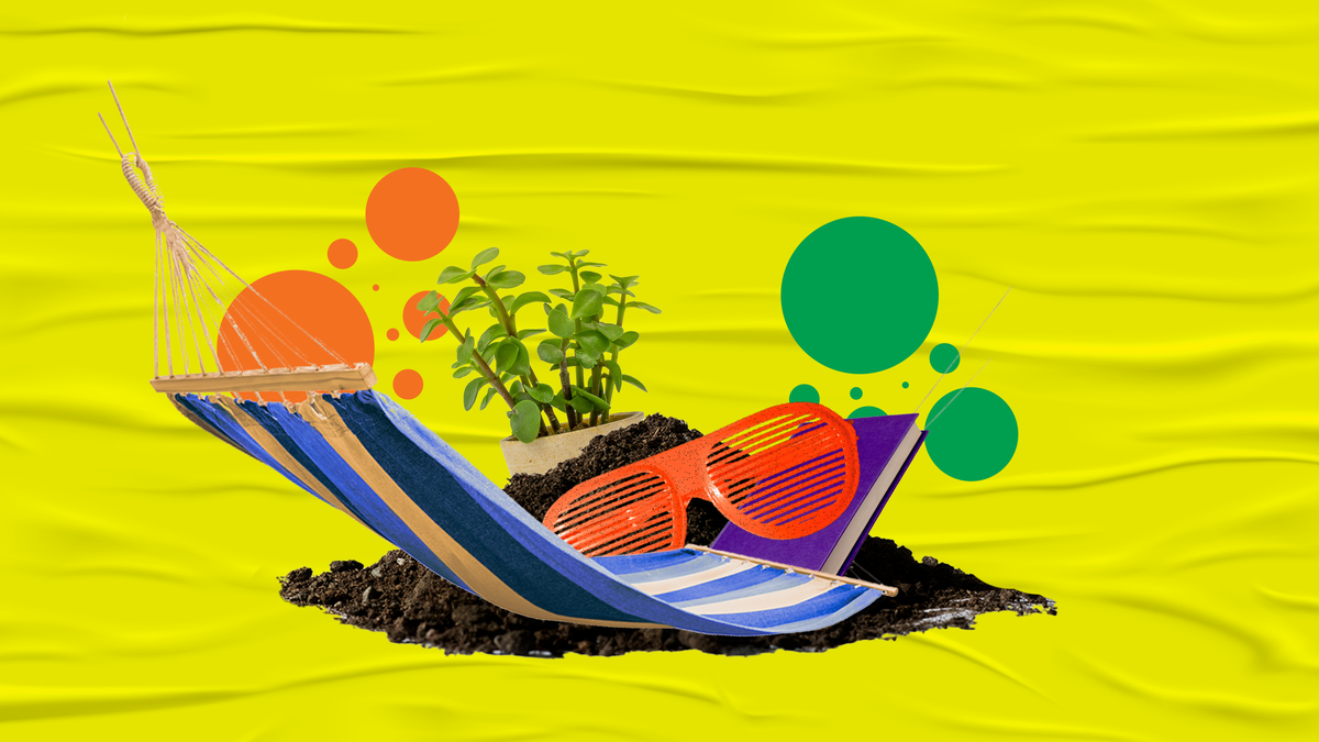 hammock, sunglasses, plant, dirt, yellow background, orange dots, green dots