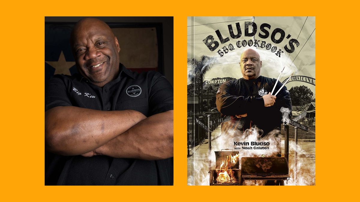 kevin bludso portrait and cover of his cookbook