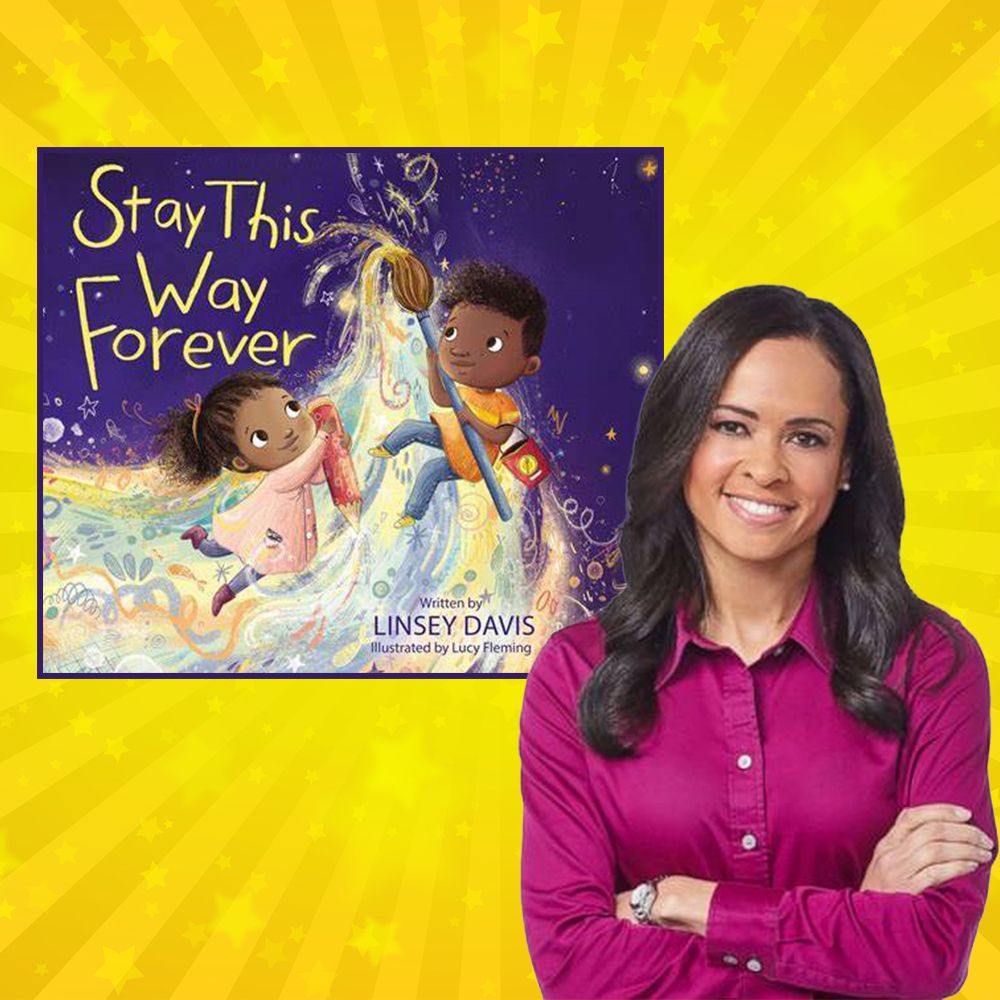 book cover of stay this way forever and linsey davis on yellow background