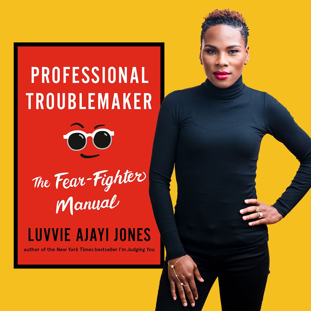 dressed in all black, luvvie ajayi jones appears alongside the cover of her latest book, professional troublemaker