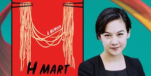 writer michelle zauner poses in black next to the cover of her book, crying in h mart