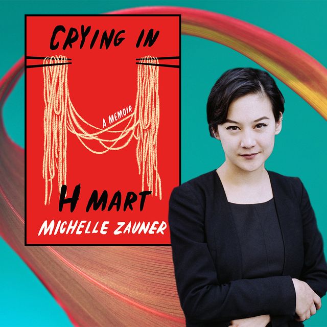 writer michelle zauner poses in black next to the cover of her book, crying in h mart
