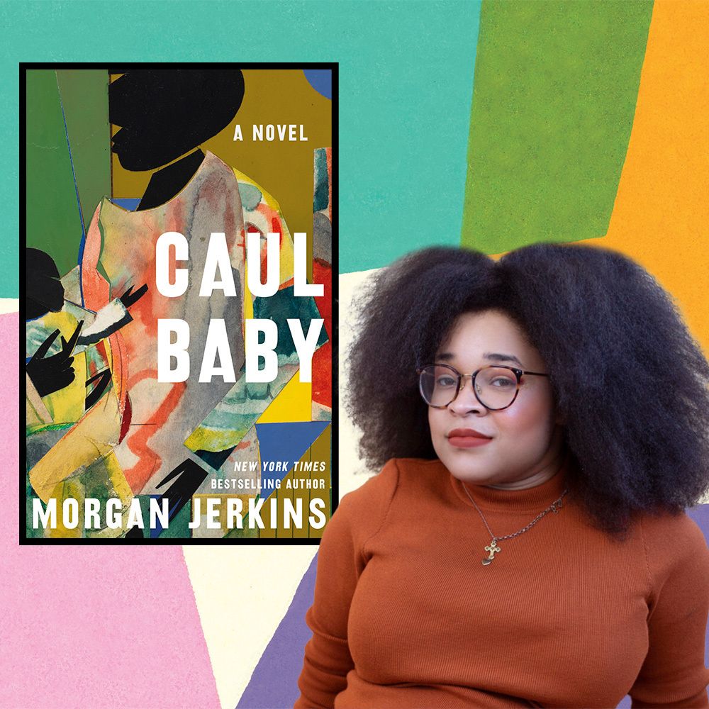morgan jerkins poses next to the cover of her novel caul baby