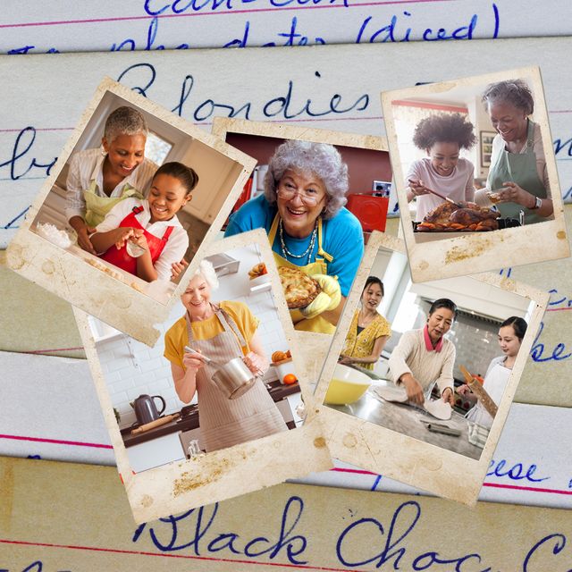 a collage of mothers and grandmothers cooking with their daughters