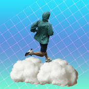jogger running on white cloud in front of blue background