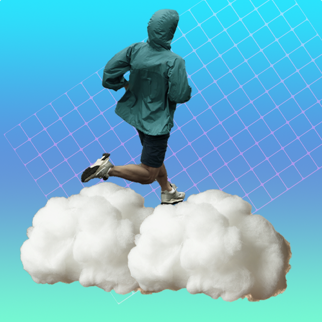 man running on clouds in front of blue background
