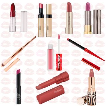 multiple nude, red, and pink lipsticks on a background