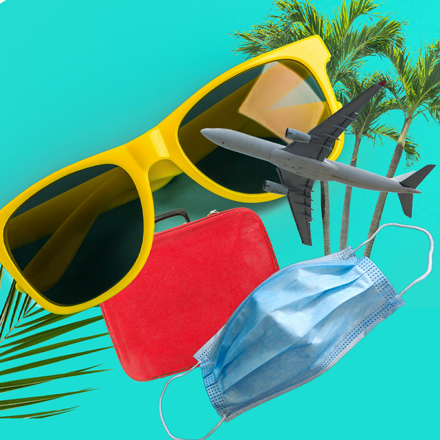 yellow sunglasses red suitcase face mask plane palm tree