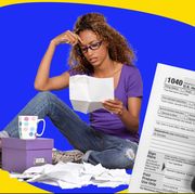phot collage of woman looking at taxes