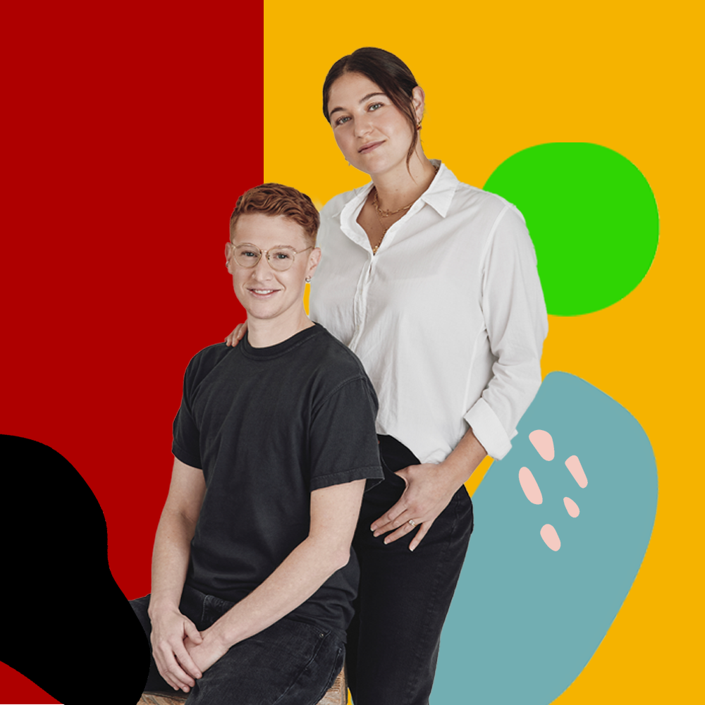 mere abrams and adam graham founders of urbody in front of red and yellow background
