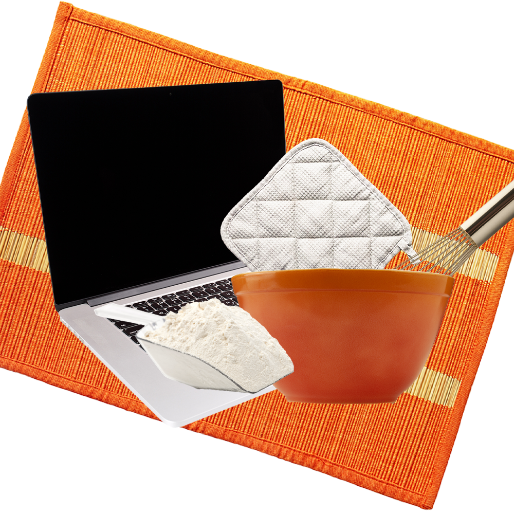 computer, flour, potholder, bowl, whisk on orange background