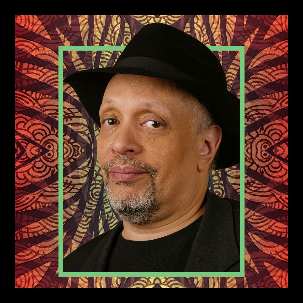 portrait of walter mosley against a colorful background