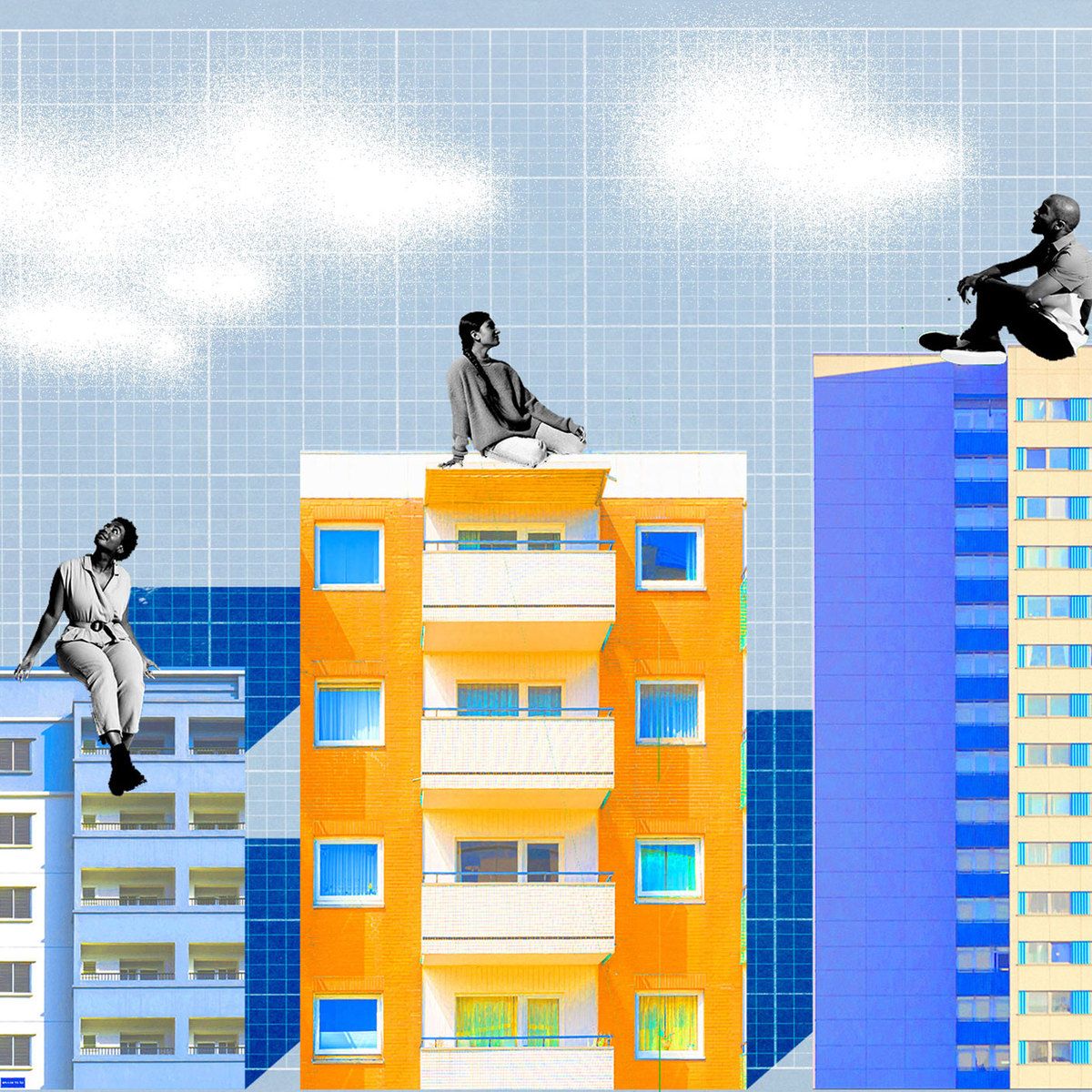 women and man sitting on top of buildings yellow and blue graph background