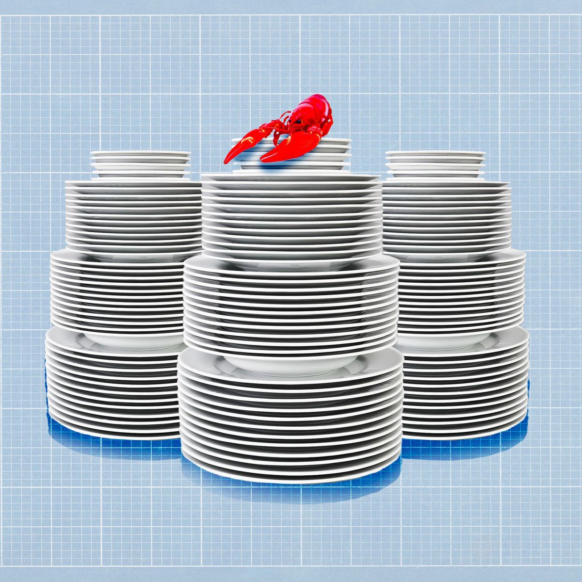plates stacked on top of graph with red lobster