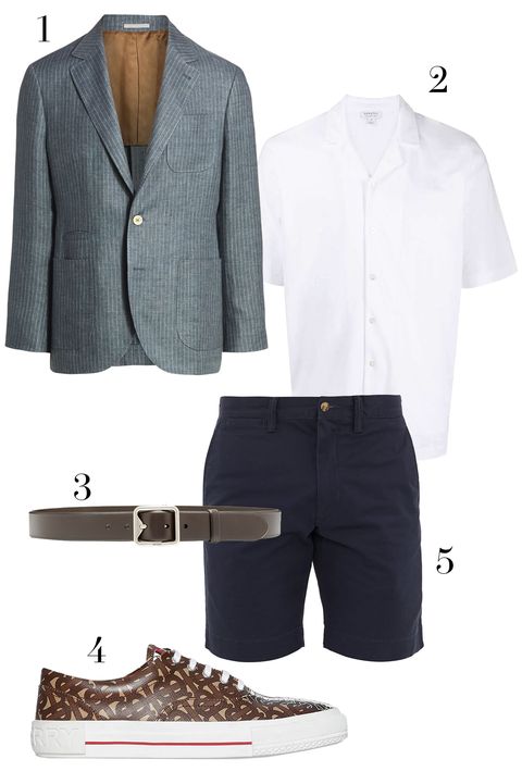 brunello cucinelli blazer, sunspel shortsleeve button up, prada belt, burberry sneaker, polo ralph lauren shorts