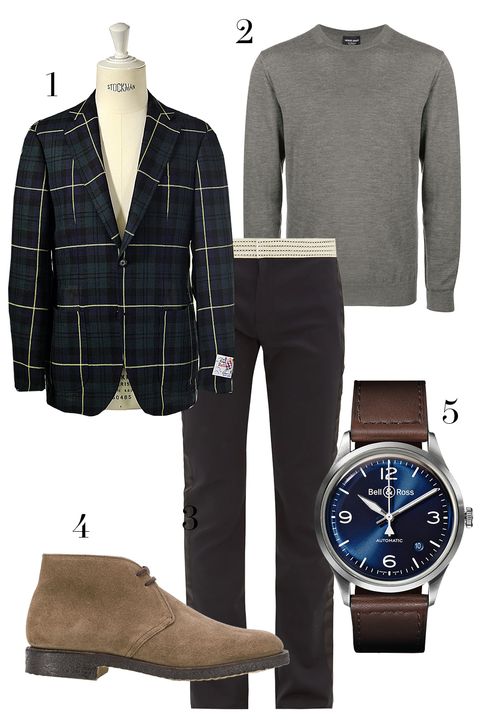 the ring jacket sportcoat, giorgio armani sweater, wales bonner pants, churchs shoes, bell  ross watch