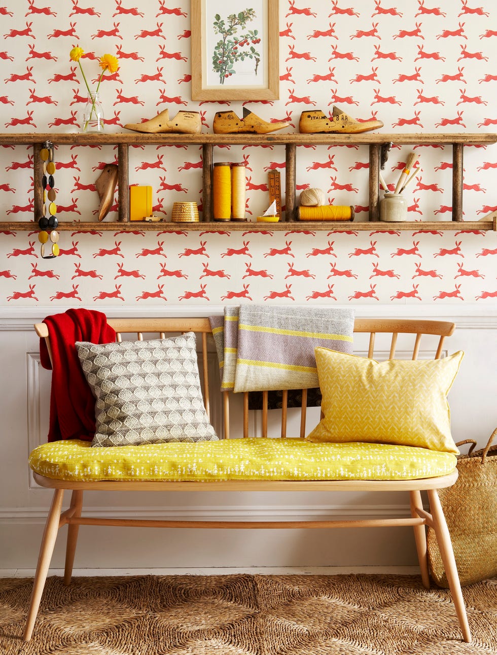 hallway with bench and wallpaper