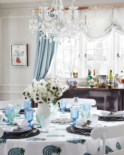 Decoration, White, Blue, Room, Green, Turquoise, Dining room, Interior design, Furniture, Table, 