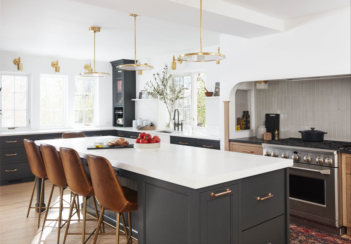 kitchen with gray cabinets and gold fixtures