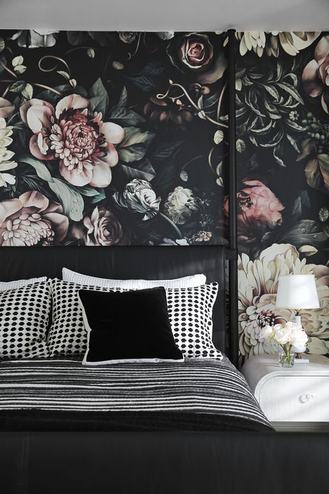 Black, Room, Wallpaper, Interior design, Furniture, Black-and-white, Pattern, Design, Textile, Bedroom, 